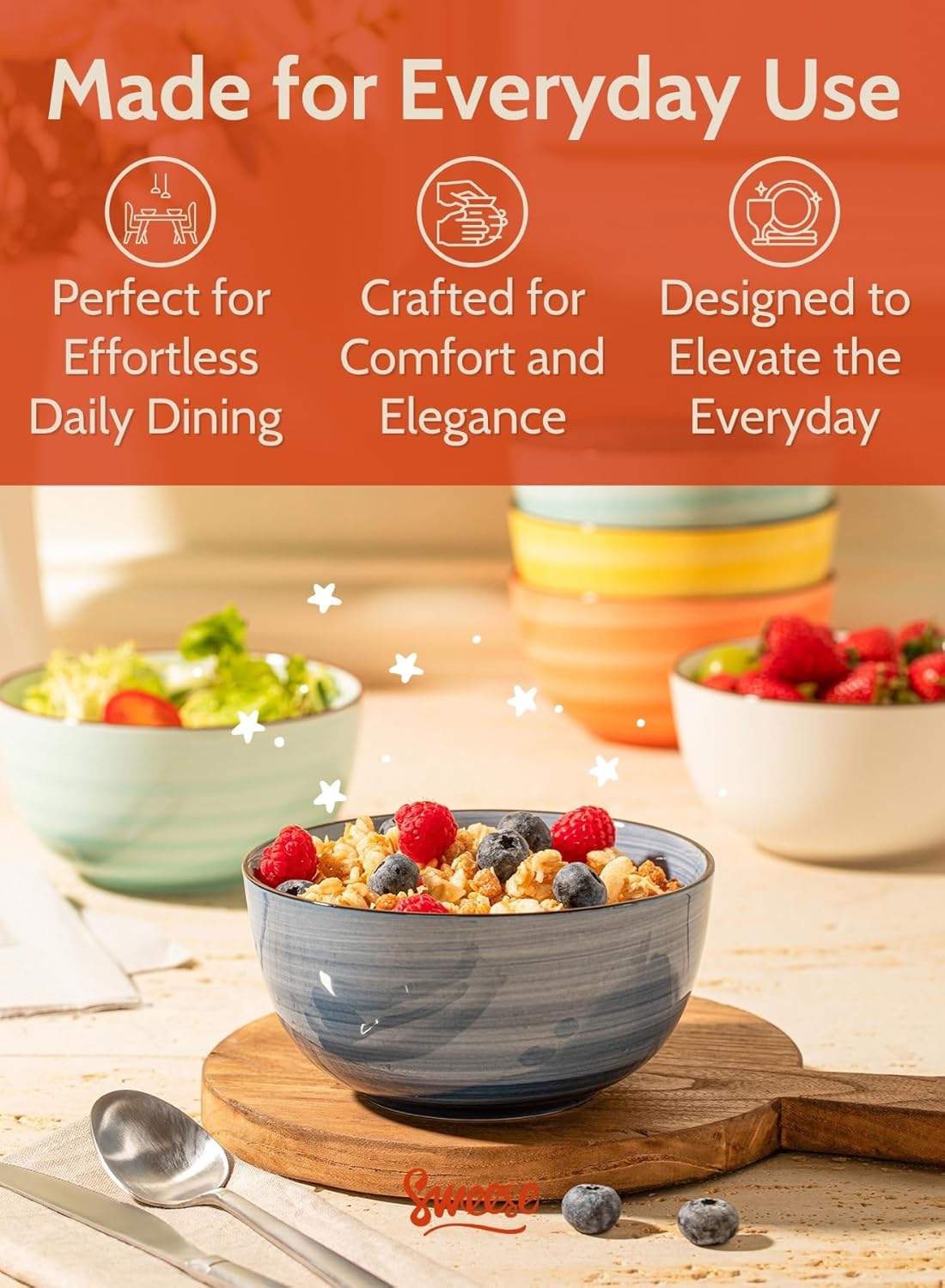 Sweese Cereal Bowl - 20 Oz Soup Bowls Set of 6 for Cereal, Snack, Rice, Salad, Side Dishes, Porcelain Bowls for Kitchen Decor, LEAD & CADMIUM FREE, Multicolor, Hot Assorted Colors