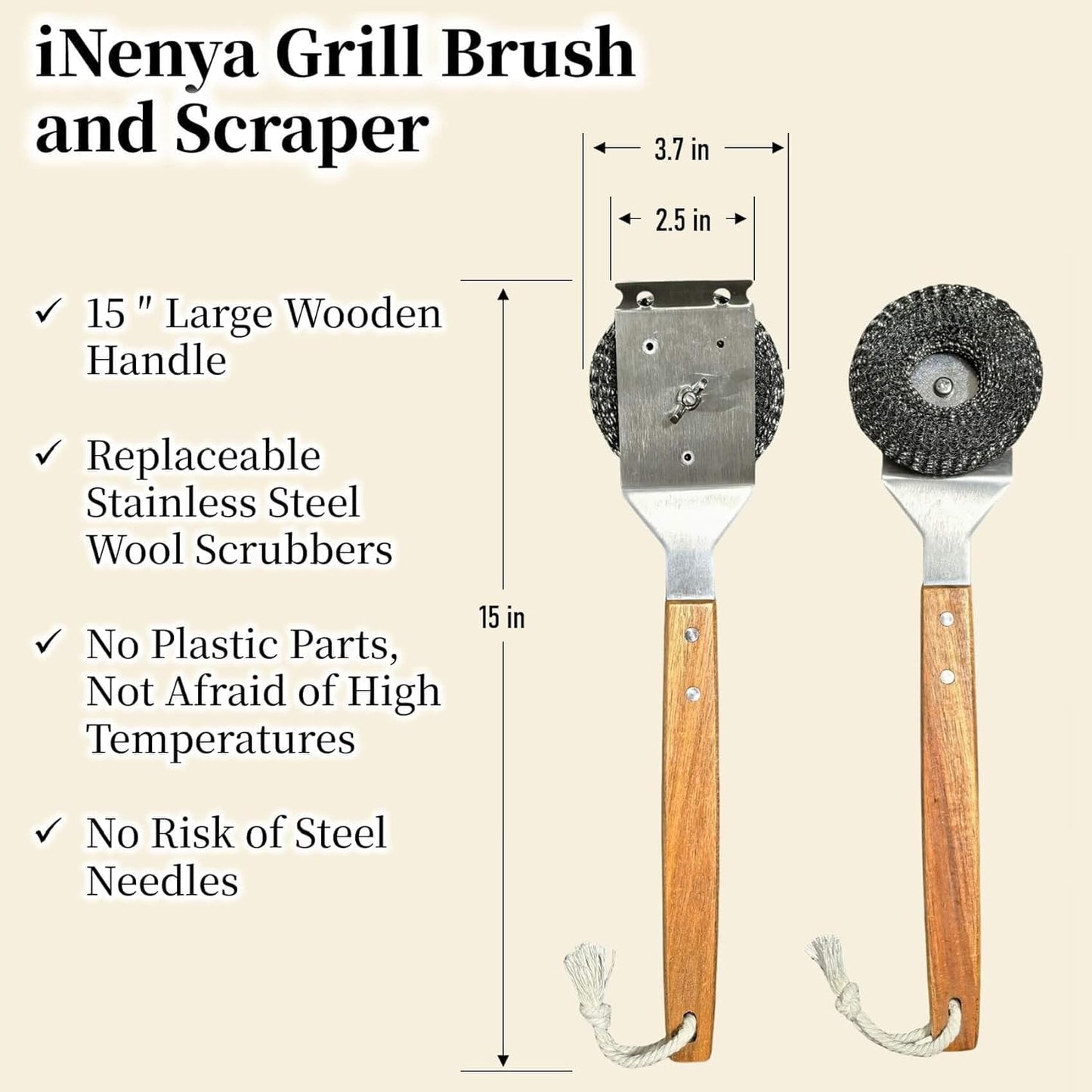 Grill Brush and Scraper for Barbecue – Safe Bristle Free Stainless Steel BBQ Cleaner with Heavy Duty Scrubber Pad, Grill Accessories Steel Wool Scrubbers for Porcelain Gas Charcoal Grill
