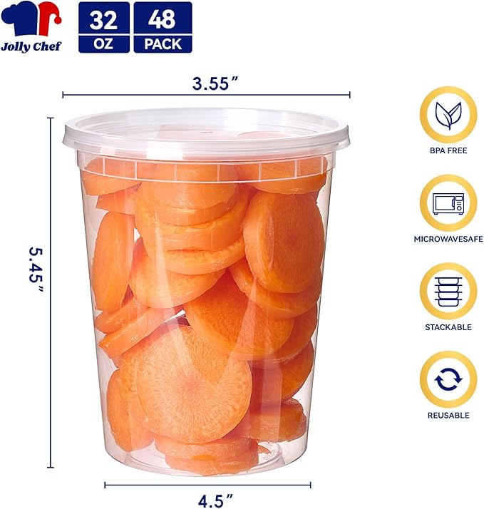 JOLLY CHEF Deli Food Storage Containers with Lids 32 OZ 48 Set Food Storage Containers,Stackable | Leakproof | Microwave | Dishwasher | Freezer Safe