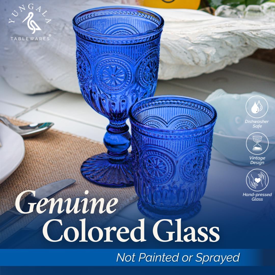 Cobalt Blue Glassware drinking glasses Set of 6, Handcrafted 8-Ounce Cups with Vintage Sunflower Pattern, Sturdy Lead-Free, Dishwasher Friendly blue drinking glasses with matching highball and goblets