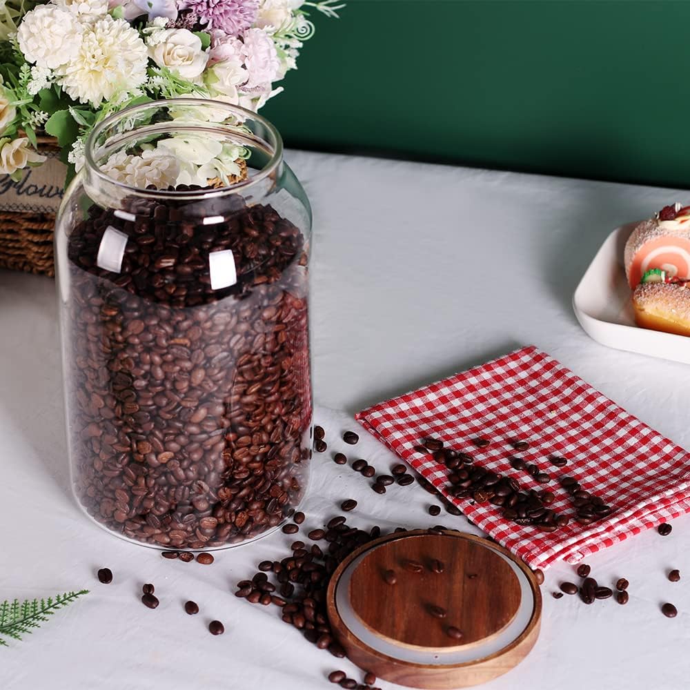 SAIOOL 1 Gallon Glass Jar with Wooden Acacia Airtight Lid,Large Glass Storage Jar set of 2, BPA-Free Cereal Dispenser Jars for flour,Spaghetti Pasta, Powder, Tea, Coffee