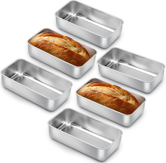 E-far 6 Pack Stainless Steel Loaf Pans, 9x5 Inch Bread Bread Pans, Metal Bakeware for Baking Bread Cake Meatloaf Brownies, Healthy & Non Toxic, Easy Release & Dishwasher Safe