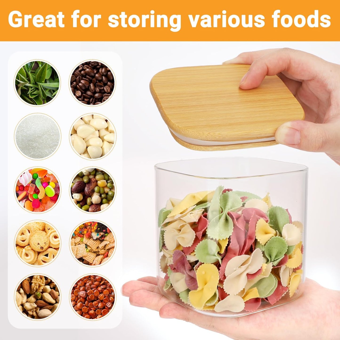 Square Glass Jar with Lid, 2 Pack 24 Fl.oz Glass Jars with Bamboo Lids, Clear Airtgiht Flour Sugar Storage Containers for Coffee, Tea, Cereal, Candy - Included Labels, Marker and Spoon