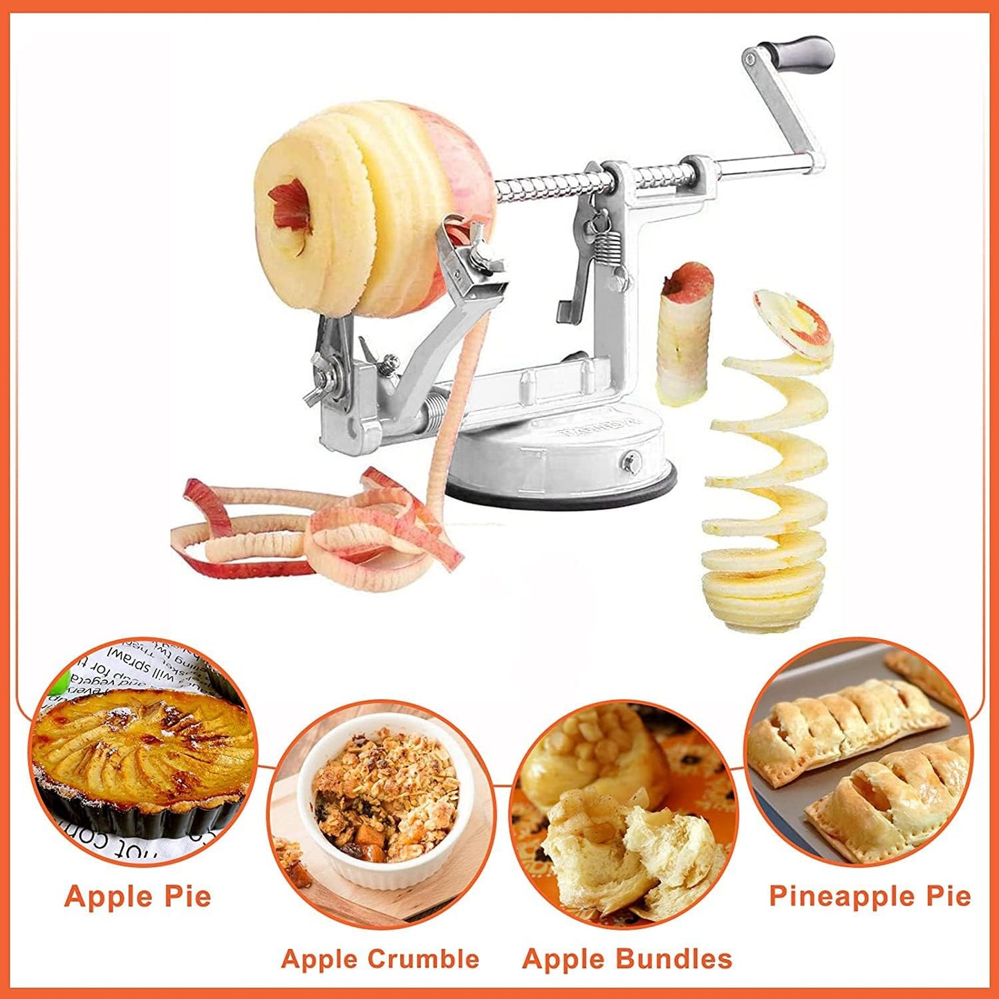 Apple Peeler Corer, Long lasting Chrome Cast Magnesium Alloy Apple Peeler Slicer Corer with Stainless Steel Blades and Powerful Suction Base for Apples and Potatoes(White)