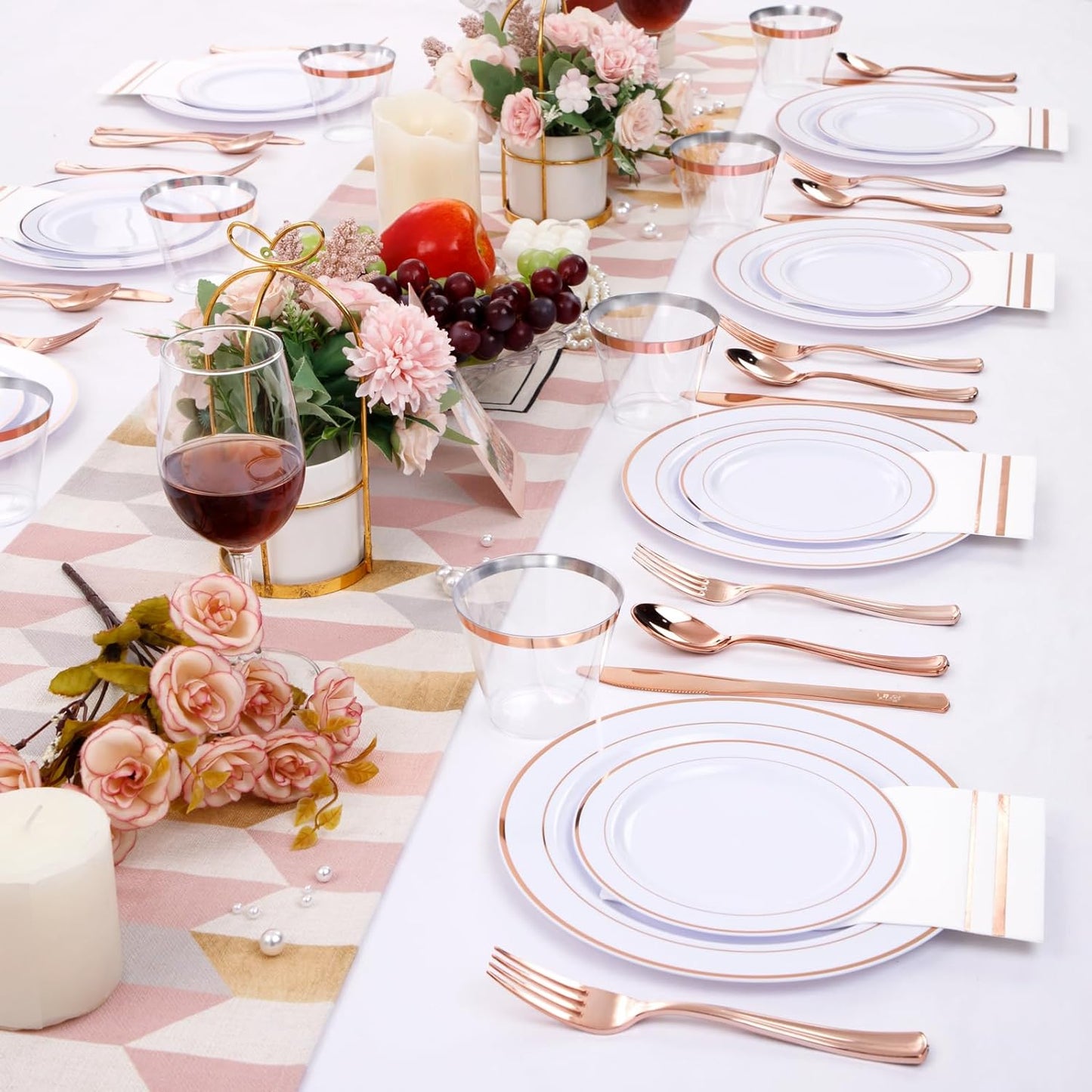GATHER 350PCS Rose Gold Plastic Plates - Disposable Rose Gold Dinnerware Sets Includes 100 Gold Rimmed Plastic Plates, 150 Silverware, 50 Napkins, 50 Cups for Party, Wedding