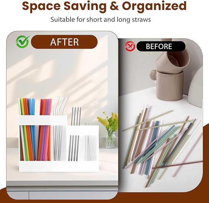 Acrylic Straw Dispenser Organizer - Reusable Metal Straw Holder for Countertop & Cabinet Storage - Ideal for Tumbler Cups, Keep Straws Neat & Accessible, Compatible with Long & Short Straws (White)