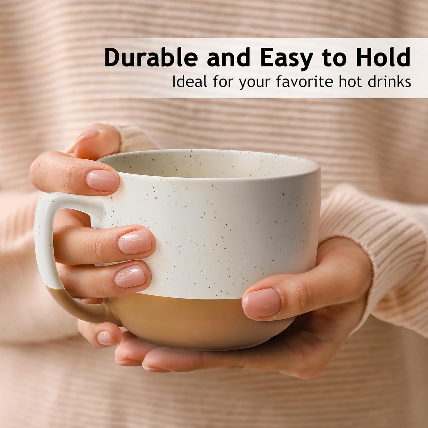 MIAMIO – 15 Ounce, Set of 4 Ceramic Latte Mug – Elegant Modern Coffee Mug Set for Cafe, Latte, Tea, Hot Cocoa - Drinks Dishwasher & Microwave Safe – Aura Collection (Creamy Cocoa, Coffee Mug(4x))