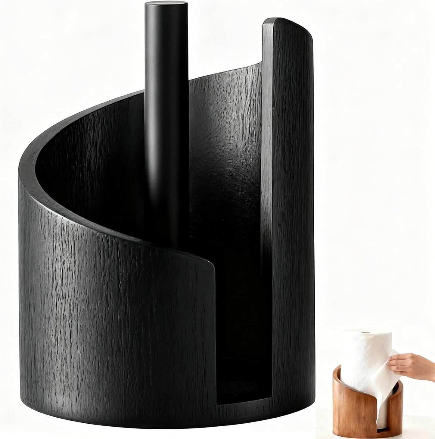 Mountain Paper Towel Holder Countertop with Mango Wood and Iron Round Base, Effortless One-Hand Tear Modern Kitchen Towel Dispenser for Counter, Cabinet, Farmhouse Kitchen (Black)