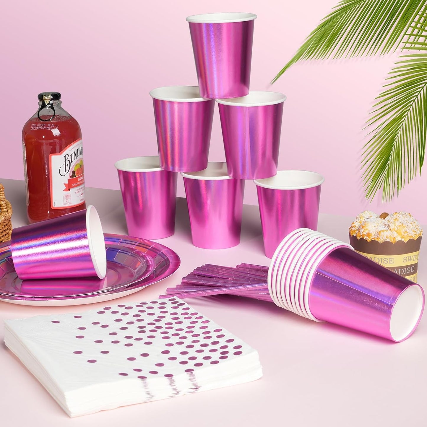 Iridescent Pink Party Supplies Decorations Serve 100, Hot Pink Holographic Paper Plates and Napkins, Disposable Pink Paper Plates Cups Knives Spoons Fork for Mermaid Disco Birthday Graduation Party