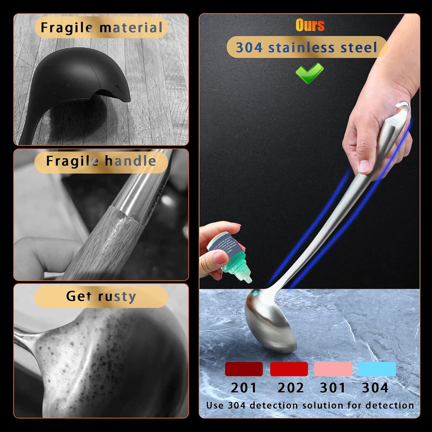 Kitchen Utensils,Contains Soup ladle,Spaghetti Claw,Wok Turner Shovel,Slotted Turner,Colander,Premium Stainless Steel,No rust,Dishwasher Safe (E.Soup Ladle)