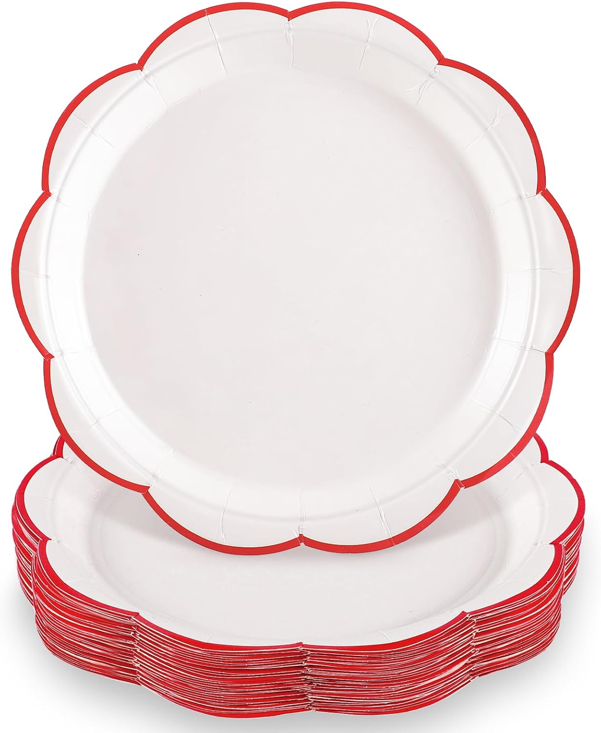 30 Pcs Christmas Paper Plates, 9 Inch White Plates with Red Trim Cute White Scalloped Paper Plate Disposable for Christmas, Baby Shower, Wedding, Bridal Shower