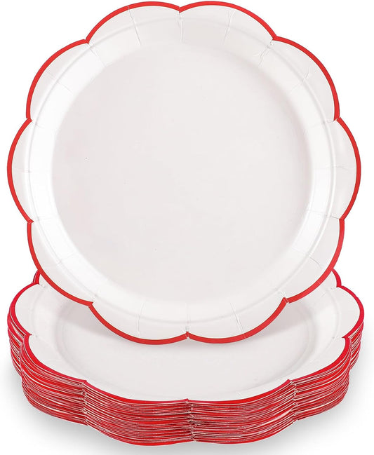 30 Pcs Christmas Paper Plates, 9 Inch White Plates with Red Trim Cute White Scalloped Paper Plate Disposable for Christmas, Baby Shower, Wedding, Bridal Shower