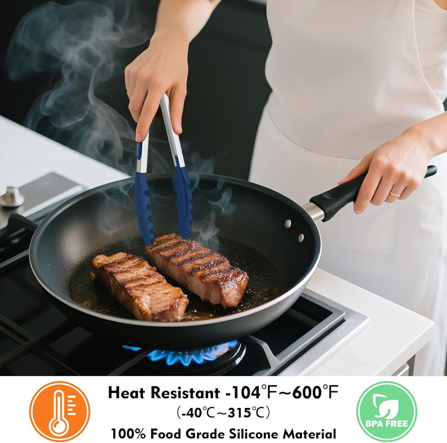 HOTEC Premium 7 & 9 Inch Kitchen Tongs, Stainless Steel Locking Cooking Tongs with Silicone Tips, Non-Scratch & Heat Resistant, Serving Tongs for Salad, BBQ, Classic Blue, Set of 2