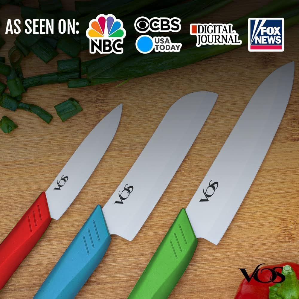 Vos Ceramic Knife Set in Elegant Gift Box, Ceramic Knives Set For Kitchen, Ultra Sharp Kitchen Knife Set with Covers, 4" 5" 6" Paring, Santoku & Chef Knife, Lightweight, Dishwasher safe (Multi-Color)