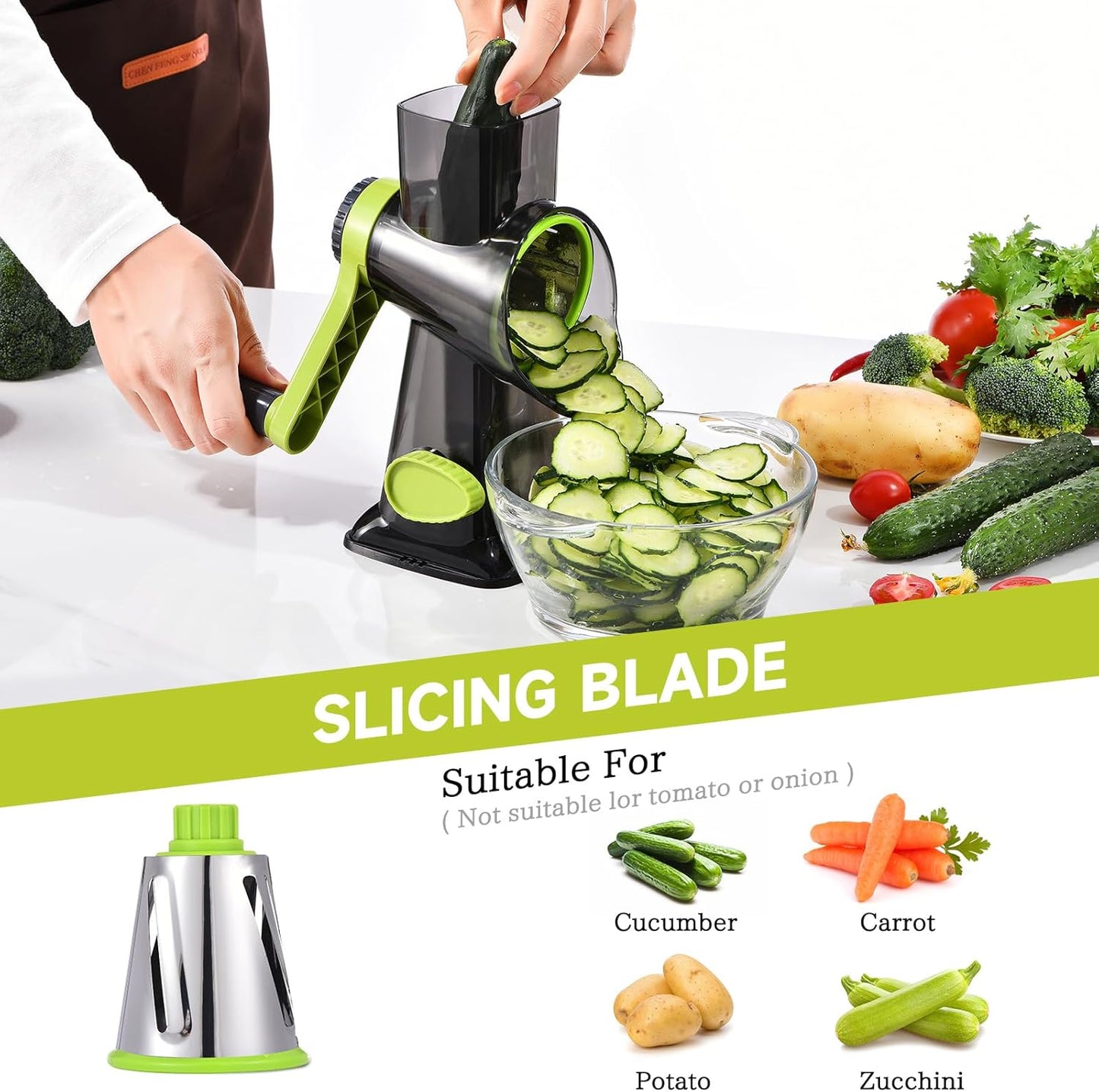 Rotary Cheese Grater with Handle Kitchen Shredder Slicer Grater Slicer Ice Shaver Cheese Vegetable Nuts Potato Zucchini Chocolate 3 Interchangeable Blades (Green TSP)
