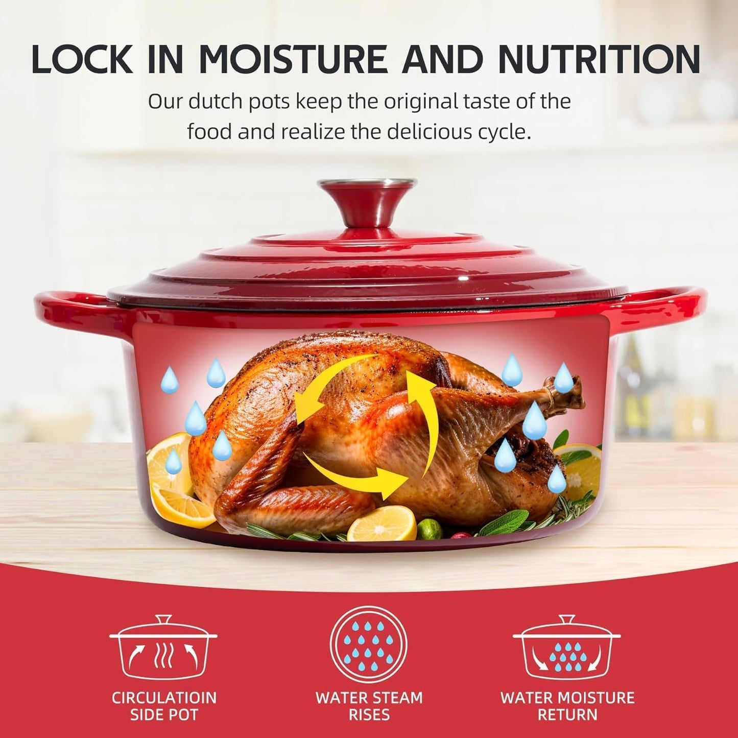 Cast Iron Dutch Oven Pot with Lid – Deep Cooking Pot for Bread, Stews, Casseroles – Oven Safe Cookware, Kitchen Essential & Wedding Gift – Compatible with All Heat Sources (Red)