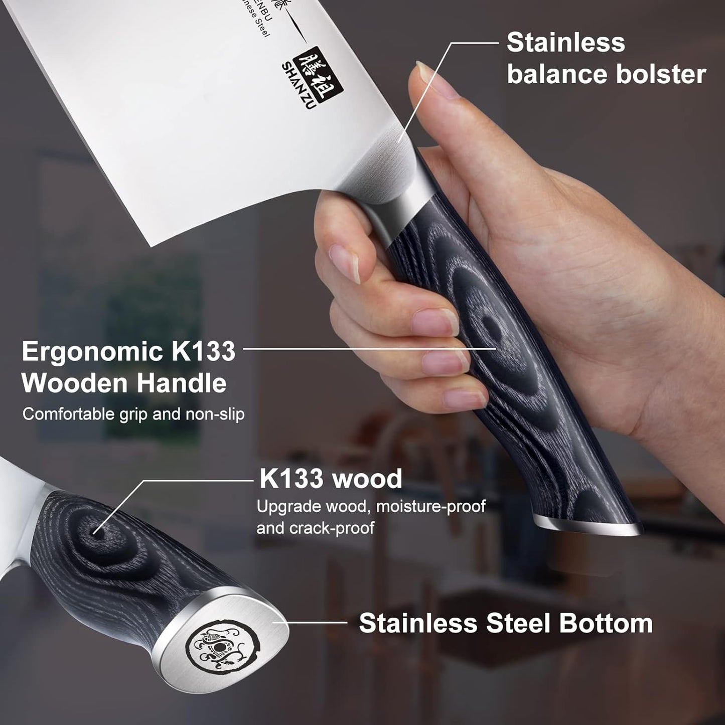 SHAN ZU 7 Inch Chef Knife, Sharp Meat Cleaver Knife Vegetable Chopper Professional Japanese High Carbon Stainless Steel Kitchen Chopping Knife with K133 Wood Handle, Black Tortoise Genbu Series