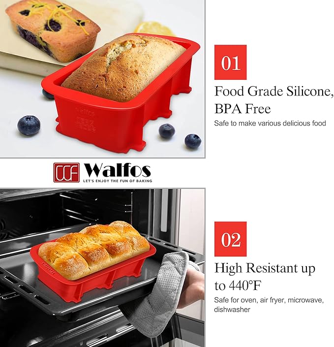Walfos Silicone Loaf Pan 1 pcs Pieces (9x5x2.5inch) Non-Stick Silicone large loaf pan, Just Pop Out ! Perfect for Bread, Cake, Brownies, Meatloaf, Dishwasher Safe