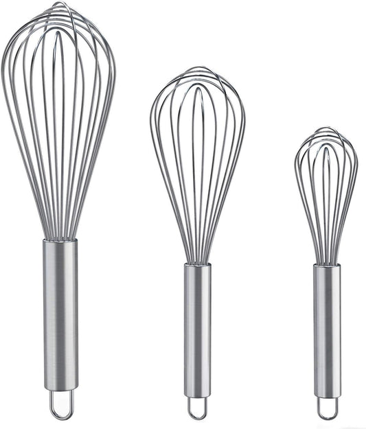 Whisks for Cooking, 3 Pack Stainless Steel Whisk for Blending, Whisking, Beating and Stirring, Enhanced Version Balloon Wire Whisk Set, 8"+10"+12"