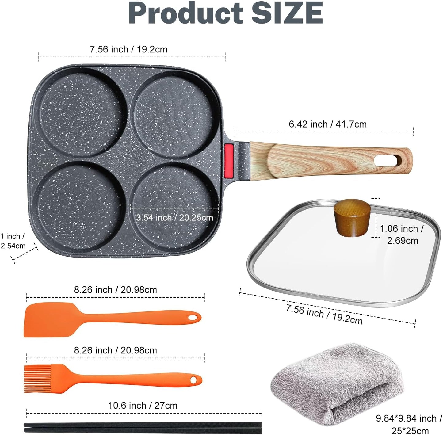 4‑Cup Nonstick Egg Pan Set with Lid – Aluminum Omelette Skillet for Breakfast, Includes Silicone Scraper, Oil Brush, Chopsticks & Cleaning Cloth – Compatible with Gas & Induction Cooktops