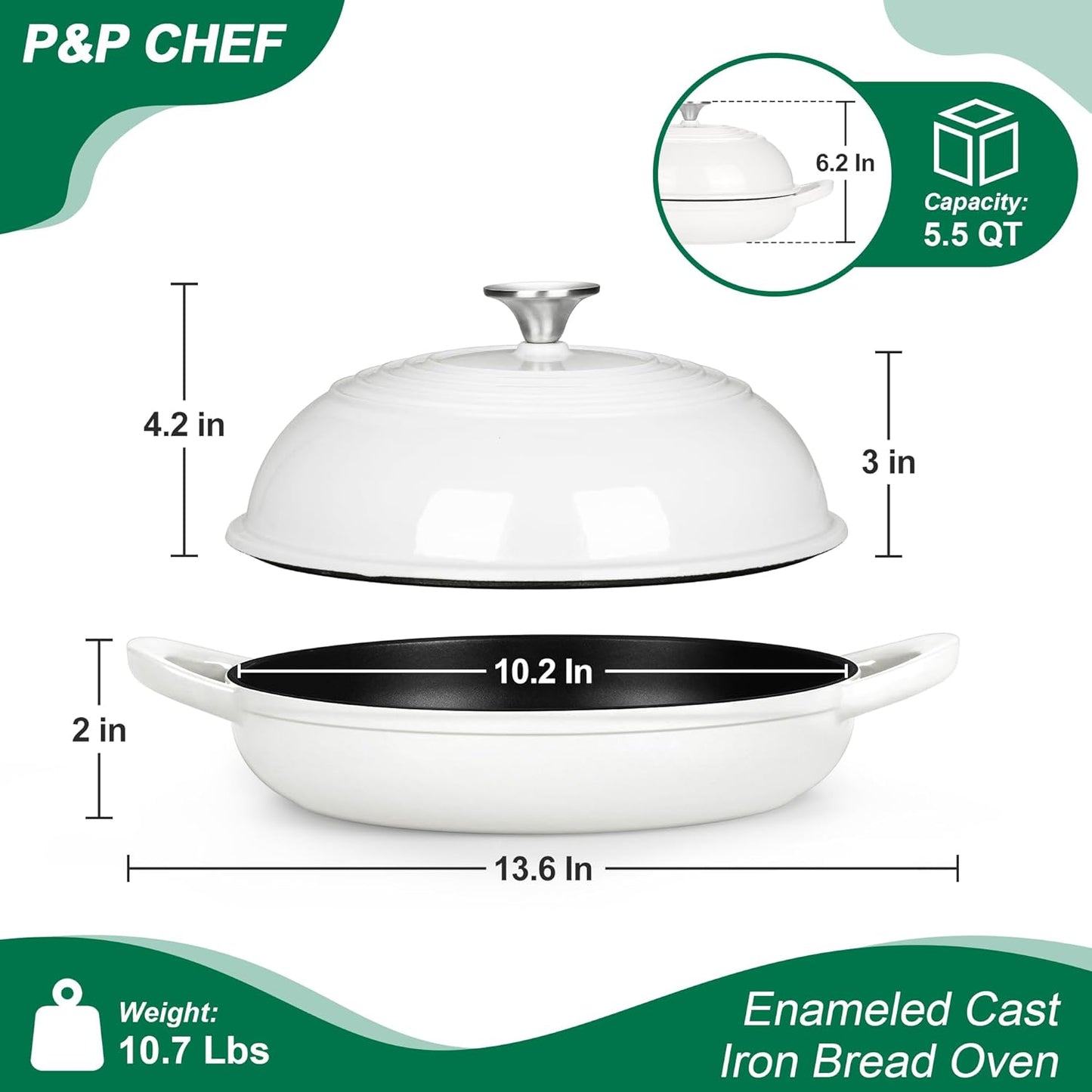 P&P CHEF Bread Dutch Oven for Sourdough, 5.5 Quart Enameled Cast Iron Dutch Oven Pot with Lid for Homemade Bread Baking, Easy to Clean & Even Heat, White