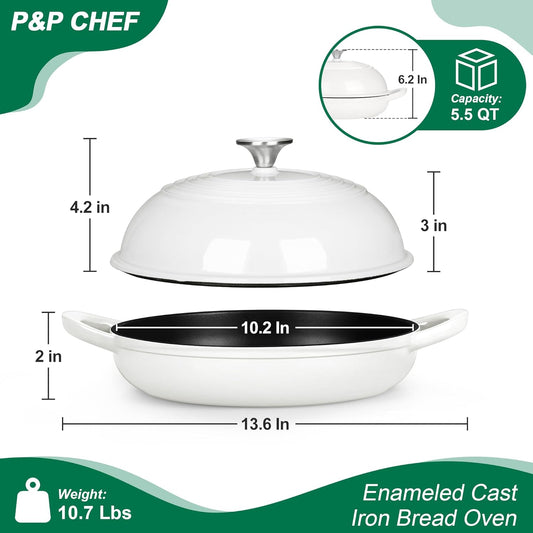 P&P CHEF Bread Dutch Oven for Sourdough, 5.5 Quart Enameled Cast Iron Dutch Oven Pot with Lid for Homemade Bread Baking, Easy to Clean & Even Heat, White