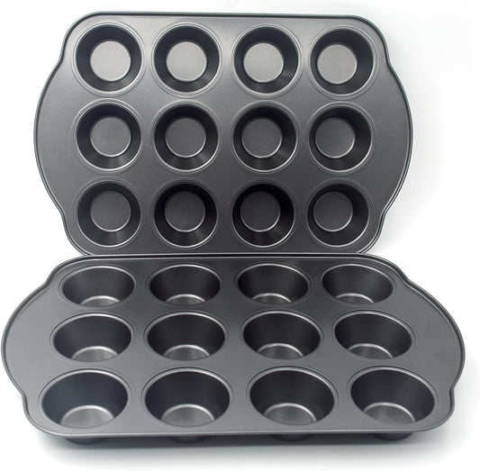 Non-Stick Standard Muffin Pans, 2.95" 12-Cup Set of 2 Baking Pans, Heavy Duty Carbon Steel Tins for Standard Muffins & Cupcakes