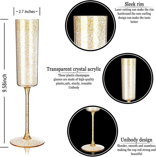 YOUBET 24 Pack Plastic Champagne Flutes - 6 Oz Gold Glitter Disposable Champagne Glasses - Square Plastic Wine Cups Wedding Toasting for Party Birthday Anniversary Thanksgiving
