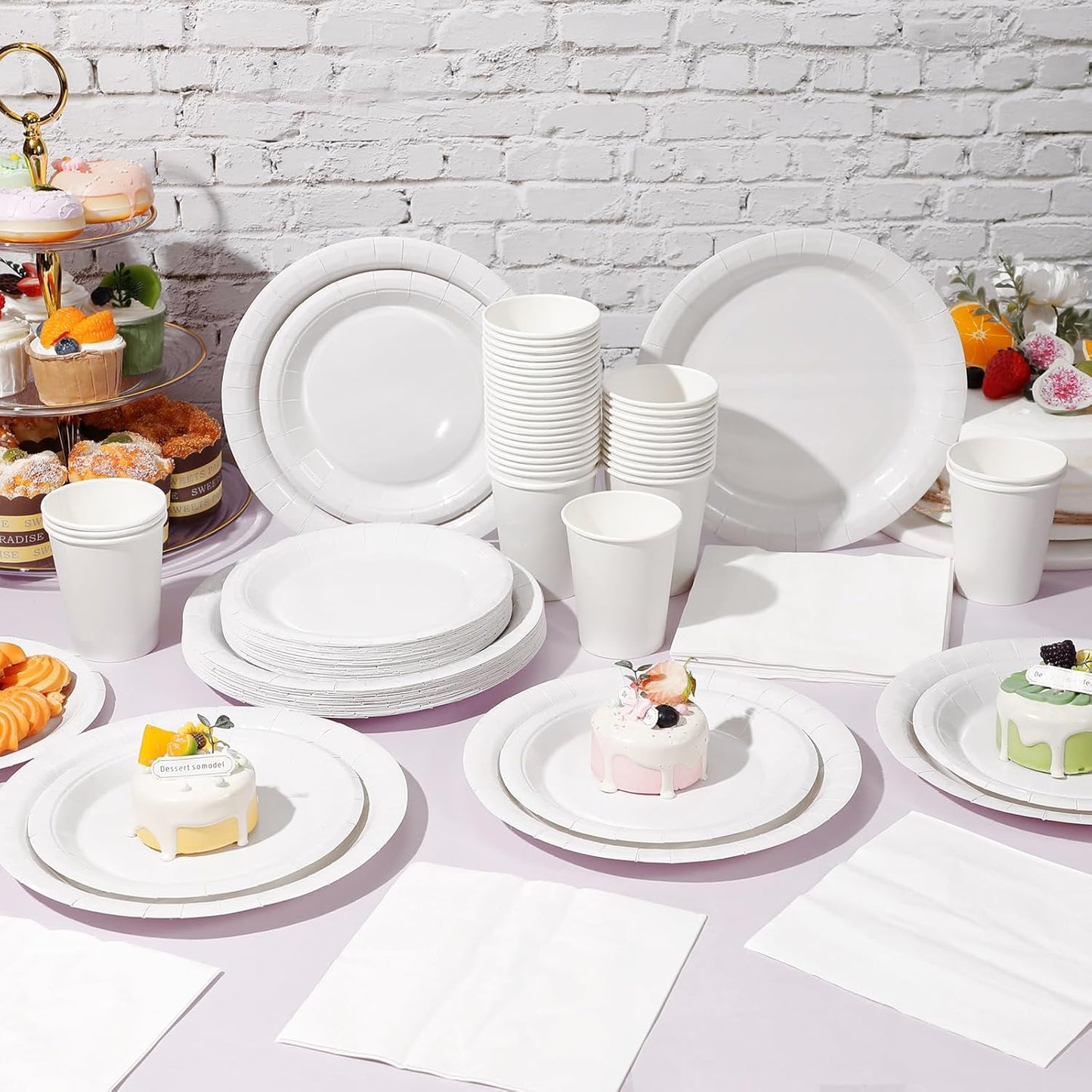 Tioncy 200 Pcs Disposable Paper Plates Cups and Napkins Party Supplies Serve 50 Guests Disposable Paper Dinnerware Set for Halloween Birthday Wedding Baby Shower Family Picnic(Sand White)