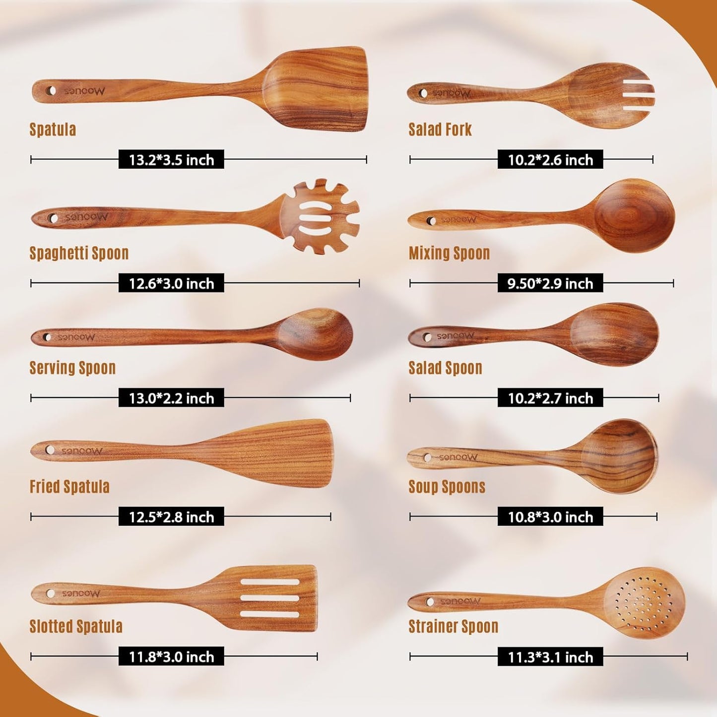 Wooden Spoons for Cooking, Wooden Utensils for Cooking Natural Teak Wooden Kitchen Utensils Set Comfort Grip (10 PCS SET)