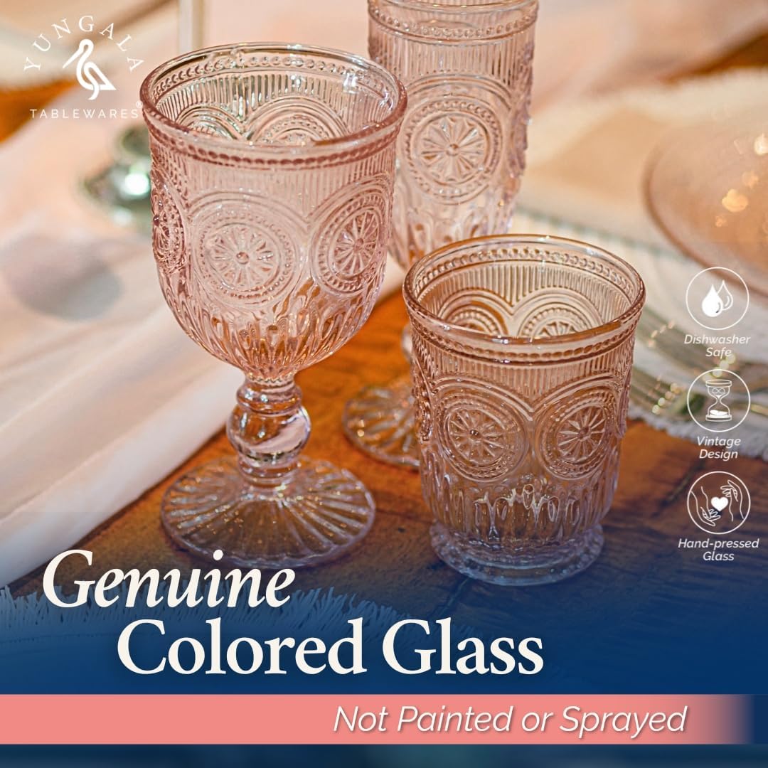 Yungala Pink Glass Cups, set of 6 pink drinking glasses for lovers of vintage pink glassware. Perfect as juice glasses or water glasses for the dining table.