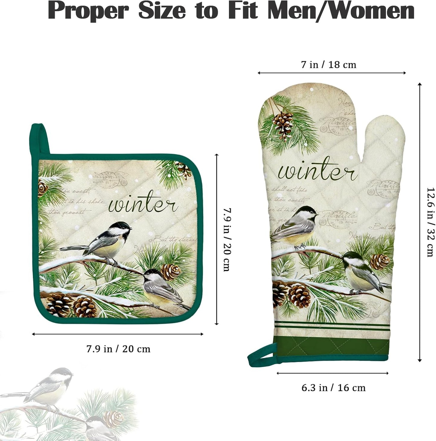 Winter Bird Leaf Oven Mitts and Pot Holders Sets 4Pcs, 100% Cotton Heat Resistant, Extra Long Oven Gloves Potholder for Kitchen Cooking Baking Decoration