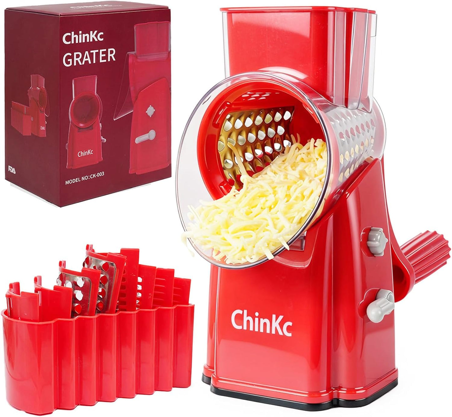 Rotary Cheese Grater Shredder - Upgraded 5 in 1 Cheese Grater with Handle and Strong Suction Base, Multi-purpose Julienne Slicer Ice Shaver Nuts Grinder for Ice, Vegetables, Fruit, Nuts