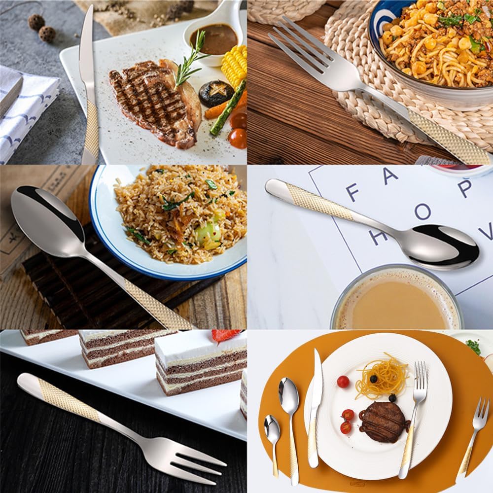 A·HOUSEWARE Hammered Silverware Gold and Silver Flatware Stainless Steel Cutlery Sets for 4 Forks Spoons knives Patten Handle Kitchen Utensils for Restuarant and Home