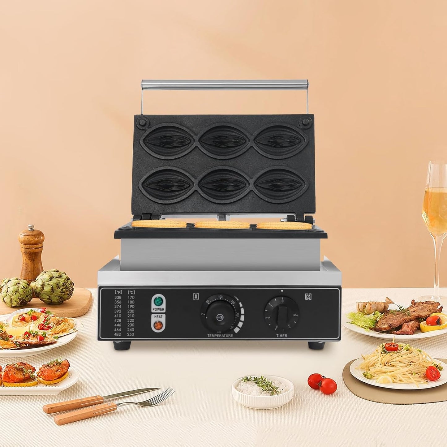 6PCS Electric Abalone Waffle Pancake Maker, Non-stick Pancake Baker Machin with Dual Heating Pans, 110v Waffle Pancake Maker for Commercial, 1550W (6PCS Abalone)