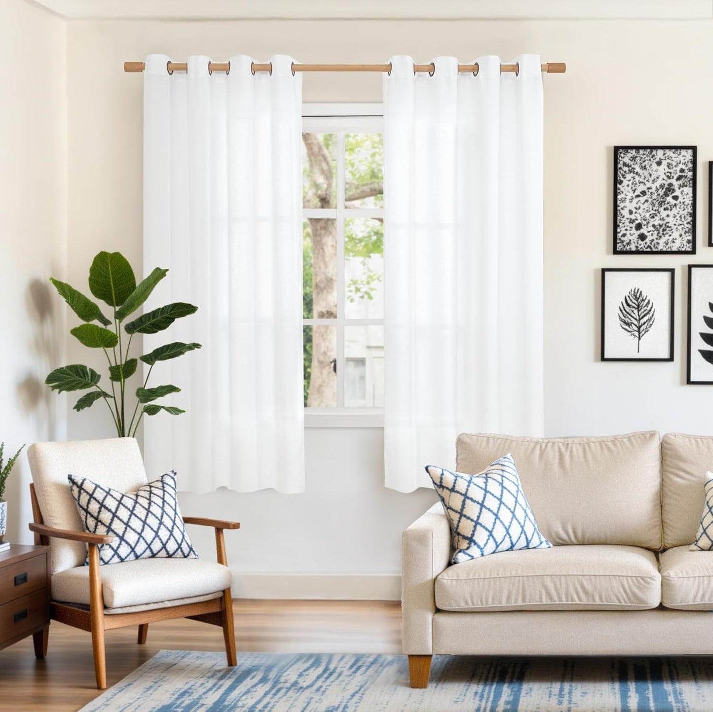 YoungsTex White Linen Curtains 68 Inch Length for Living Room, Light Filtering Semi Sheer Window Drapes with Bronze Grommet Privacy for Bedroom, 52 x 68 Inch, 2 Panels