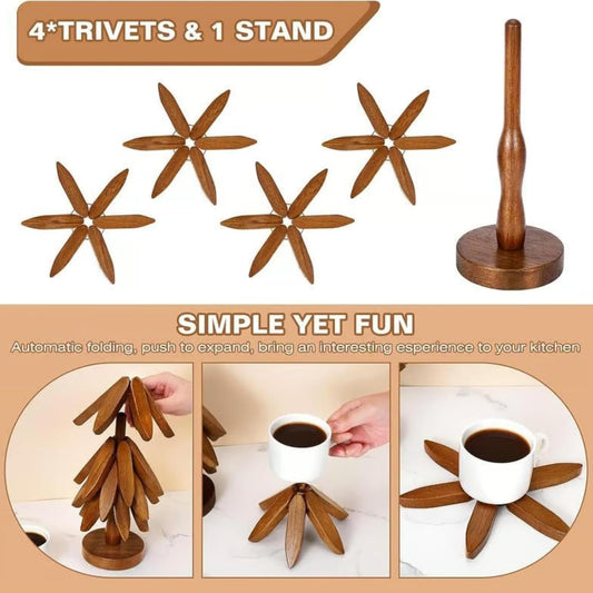 Walnut Wood Tree Trivet Set, Wooden Trivets for Hot Dishes-Tree Shape Trivet Set, Foldable Kitchen WoodenTrivet,for HotDishes Pot Bowl Teapot Hot Pot Holder (Log-4 Bracket)