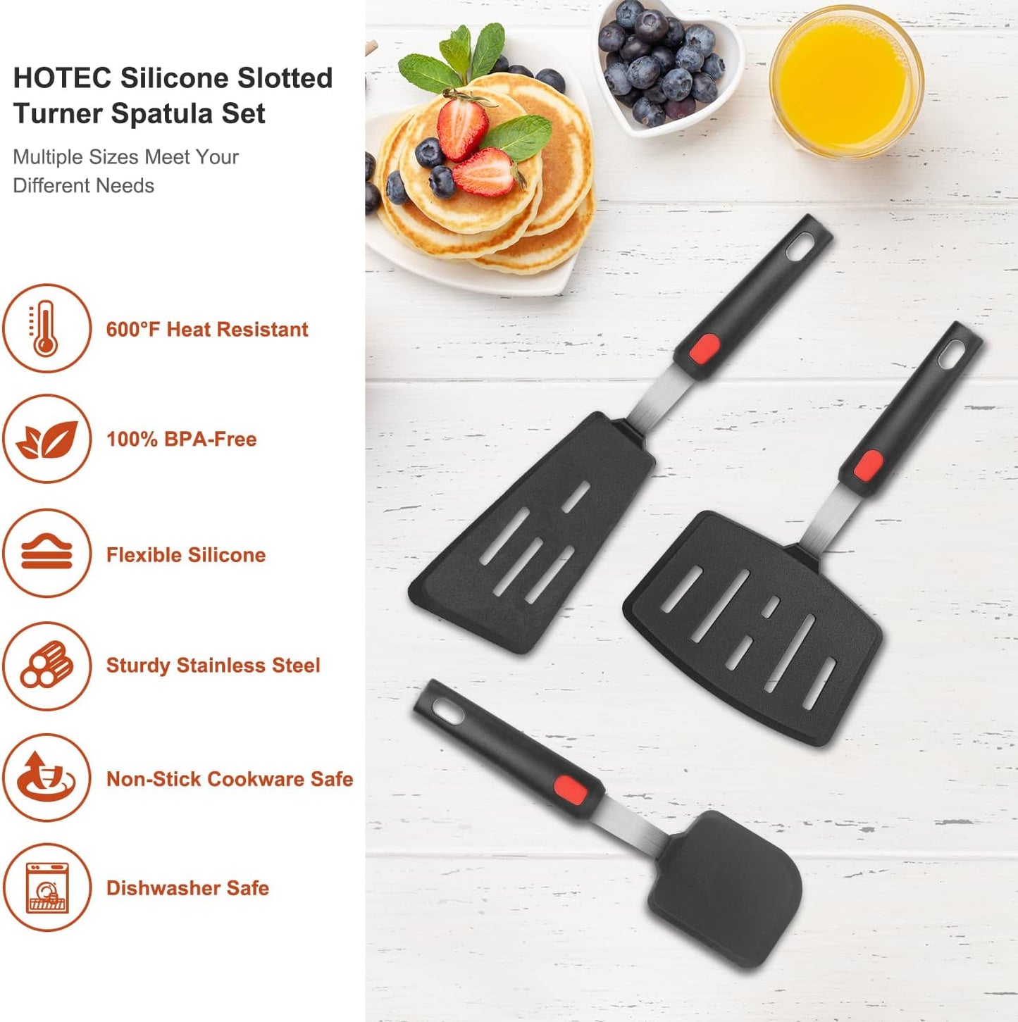 Hotec Silicone Spatula Turner for Nonstick Cookware, Cooking Spatulas 600°F Heat Resistant Large Flexible Rubber Spatula Set of 3, Kitchen Utensils for Flipping Eggs, Burgers, Pancakes, Crepes