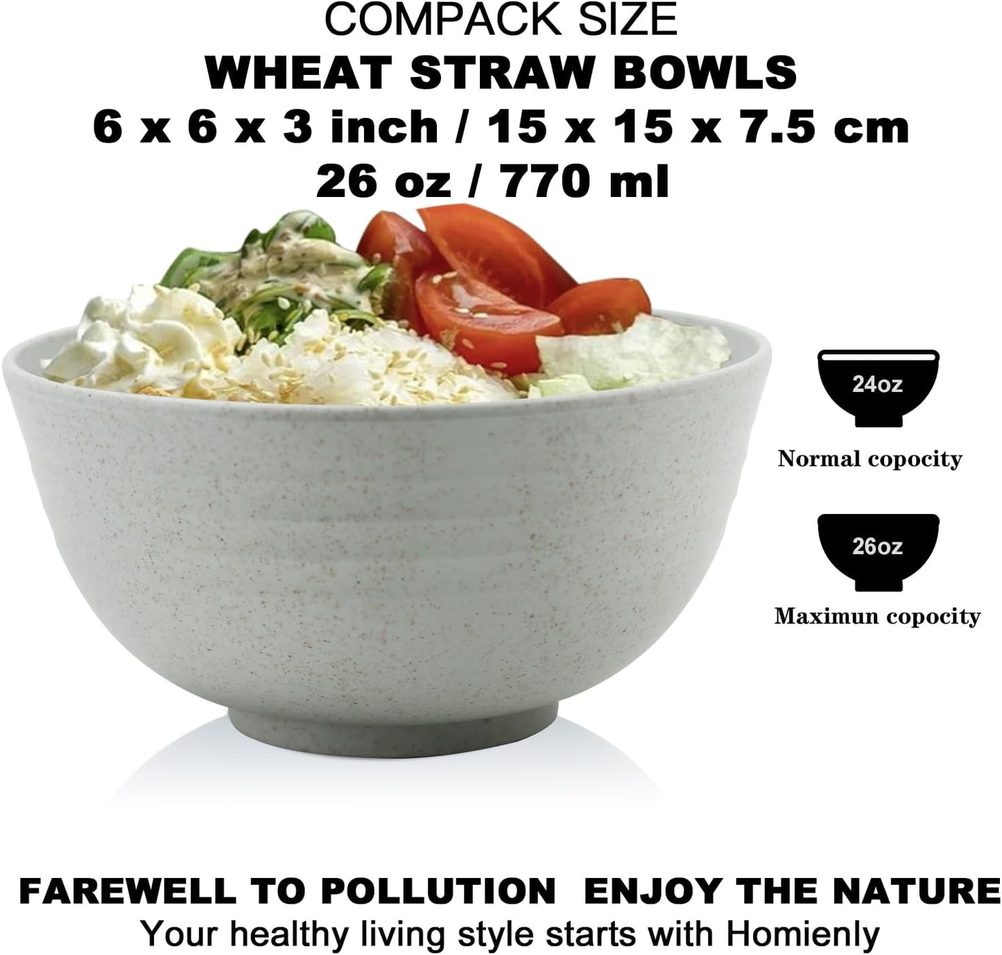 Homienly Cereal Bowl Set, Wheat Straw Fiber Unbreakable Lightweight Bowls Set (Grey Stone, 26 OZ)