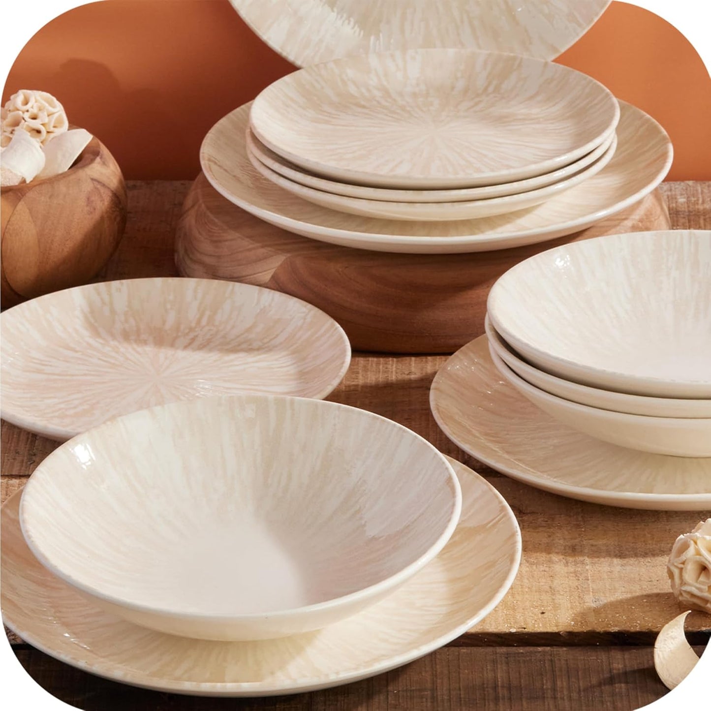 Corona 12-Piece Light Sandy Beige Ceramic Dinnerware Sets, Plates and Bowls, Service For 4, Nyssa