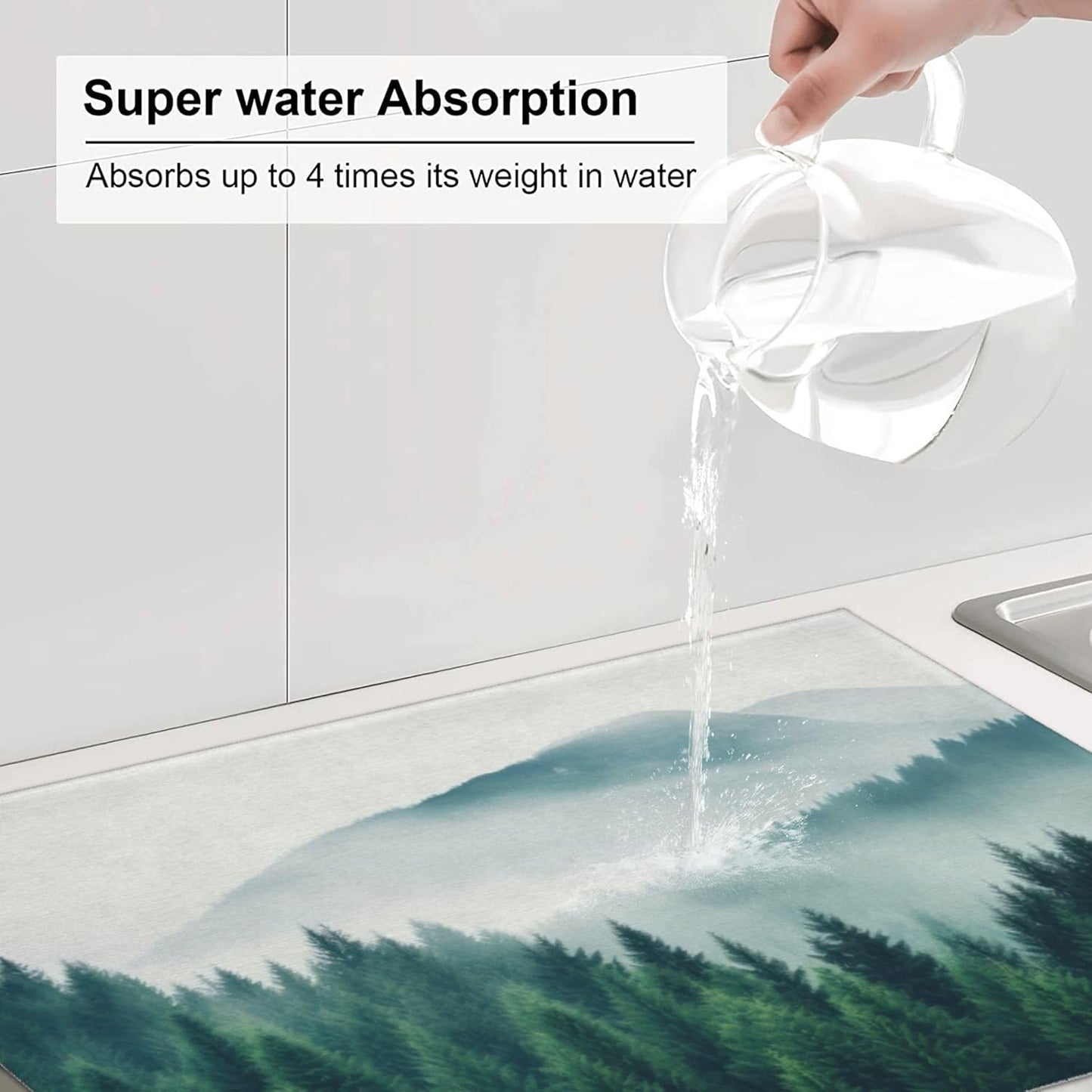 Forest Trees Mountain Dish Drying Mat 18x24 Inch, Microfiber Absorbent Fast Dry Mat Large Dish Mat Drying Kitchen Mat, Kitchen Drying Pad for Kitchen Counter Coffee Bar Decor Gifts