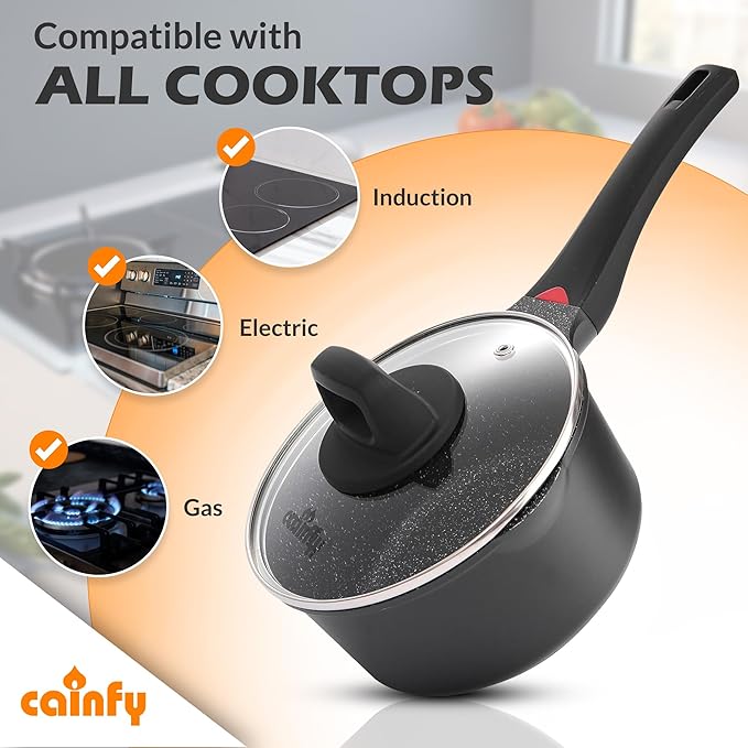 1.3 Quart Sauce Pan with Glass Lid - 6.2 Inch, Non-Stick Ceramic Coating, Induction Compatible, Even Heating - Easy Clean, Non-Toxic, Soft Cool Handle by Cainfy