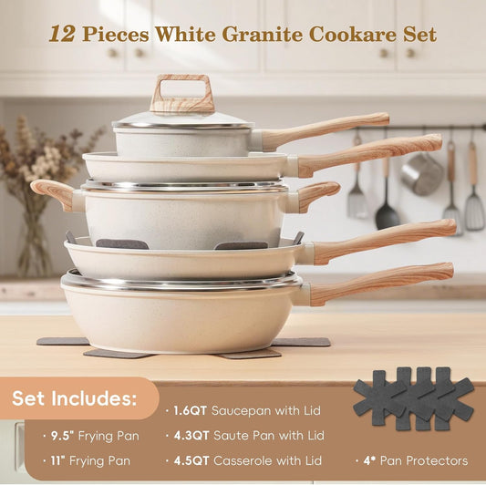 12 Pcs Pots and Pans Set, Nonstick Cookware Sets White Granite Induction Cookware, Non-toxic Healthy Non Stick Kitchen Cooking Set with Frying Pans Set, Saucepans,Steamer (PFAS, PFOA, PFOS Free)