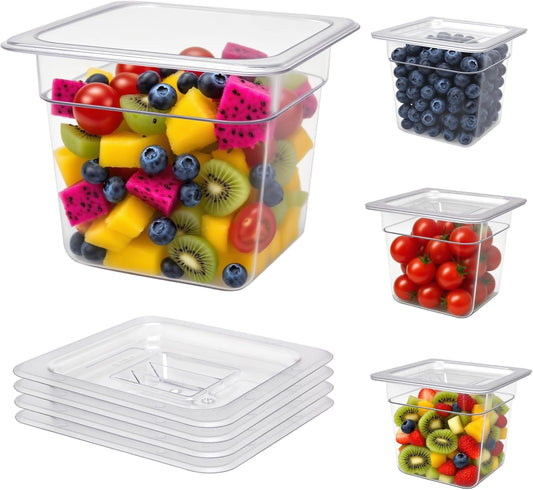 4 Pack Plastic Food Pans with Lids,1/6Size 6 Inch Stackable Restaurant Clear Food Storage Containers,Polycarbonate Commercial Hotel Pans for Fruits Vegetables Beans Corns(4Pack 6" Deep)