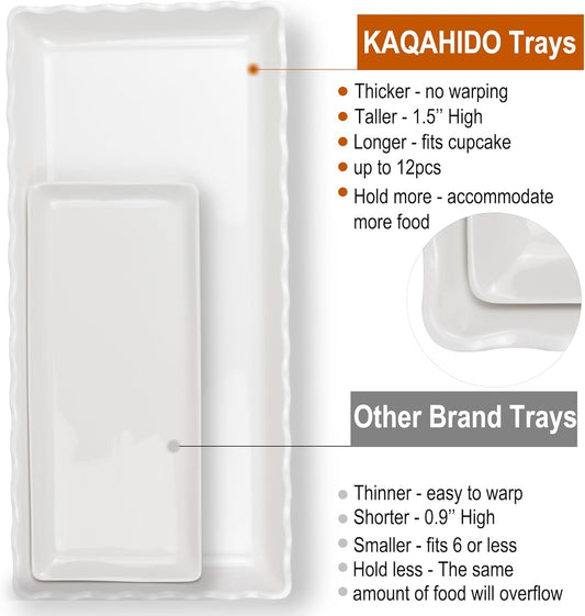 KAQAHIDO 17" x 8" x 1.5" White Serving Tray Set, Wave Edge Melamine Platters for Cookie, Appetizer, Charcuterie, Snack, Dessert, Party Food Display, Stackable, Set of 2