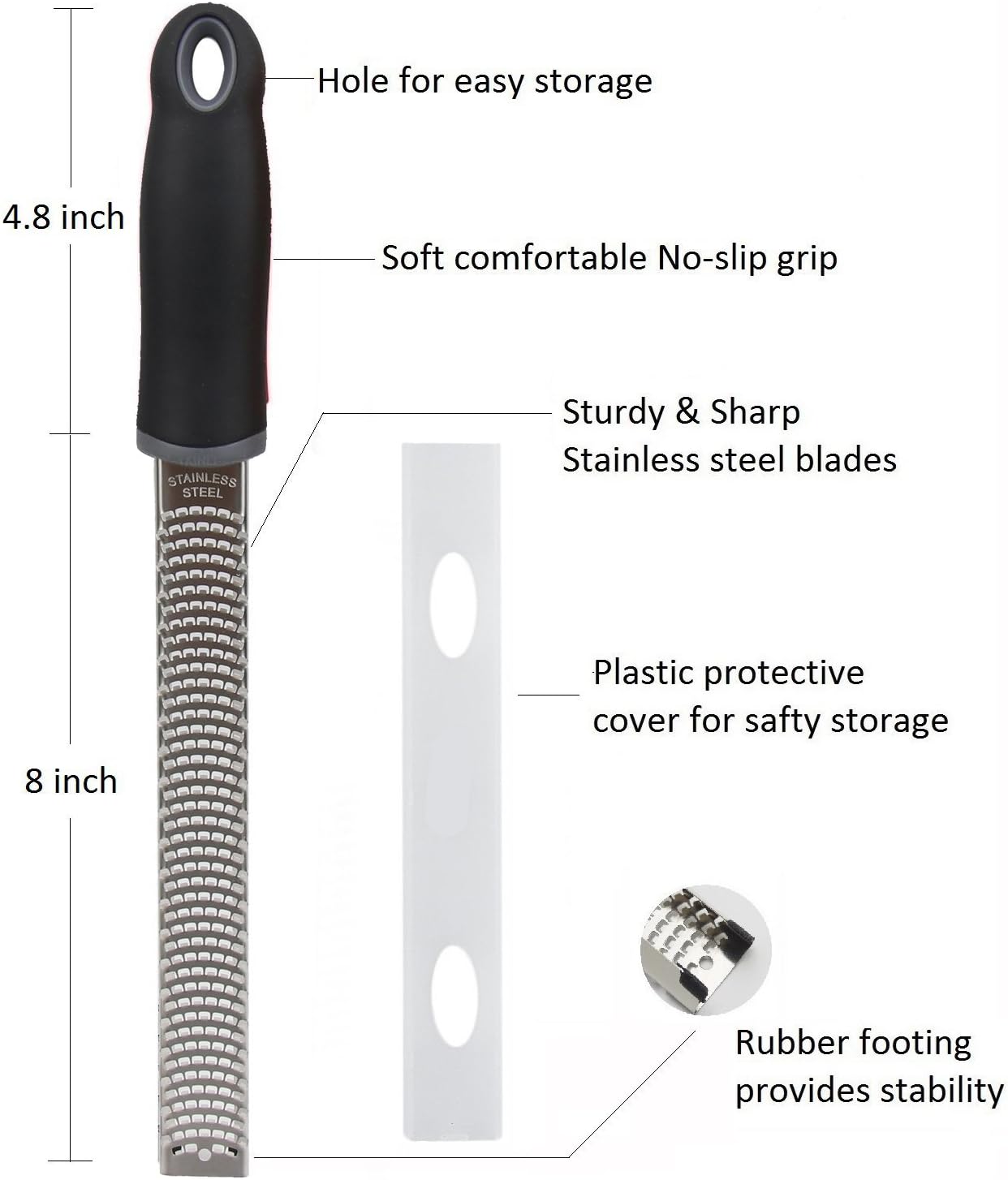 Lemon Zester, Stainless Steel Kitchen Cheese Grater, Plastic Cover Ergonomic Soft Black Handle