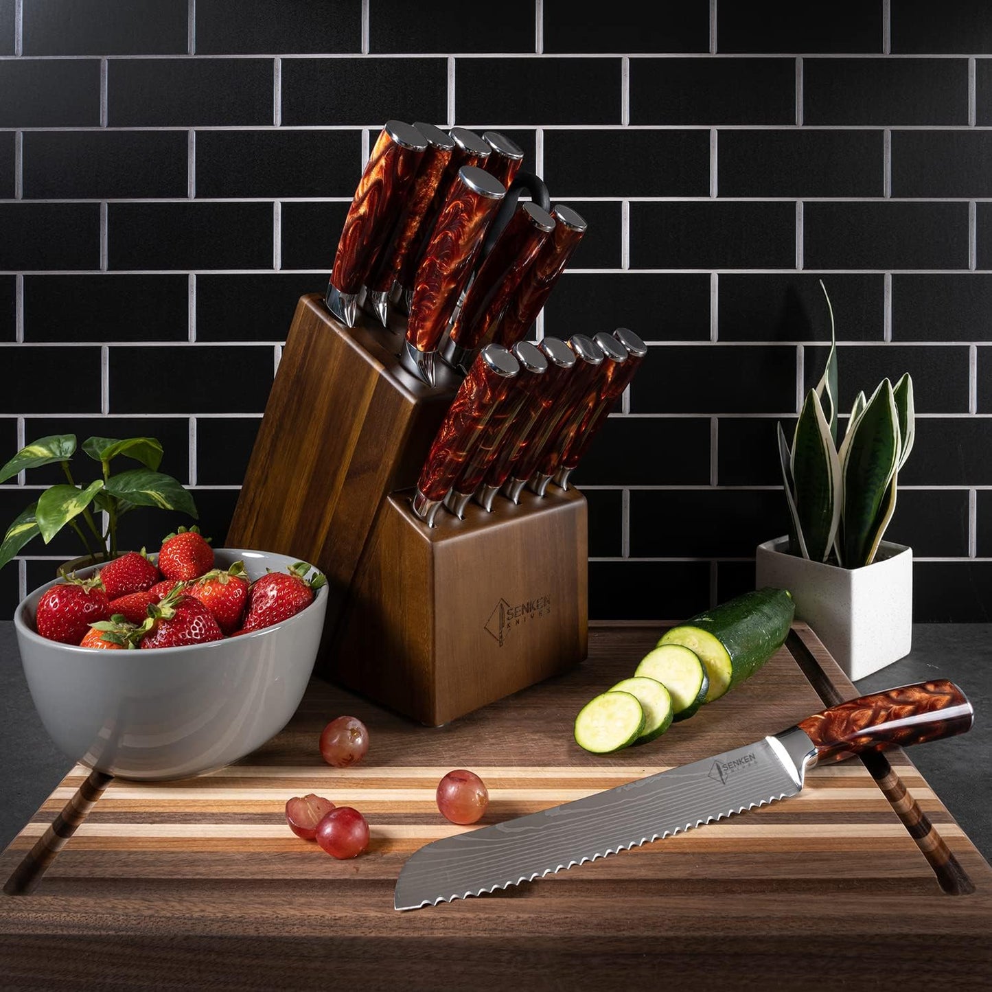 SENKEN 16-Piece Natural Acacia Wood Kitchen Knife Block Set - Japanese Chef's Knife Set with Laser Damascus Pattern, Includes Steak Knives, Kitchen Shears, Santoku, Cleaver & More (Red Resin Handles)