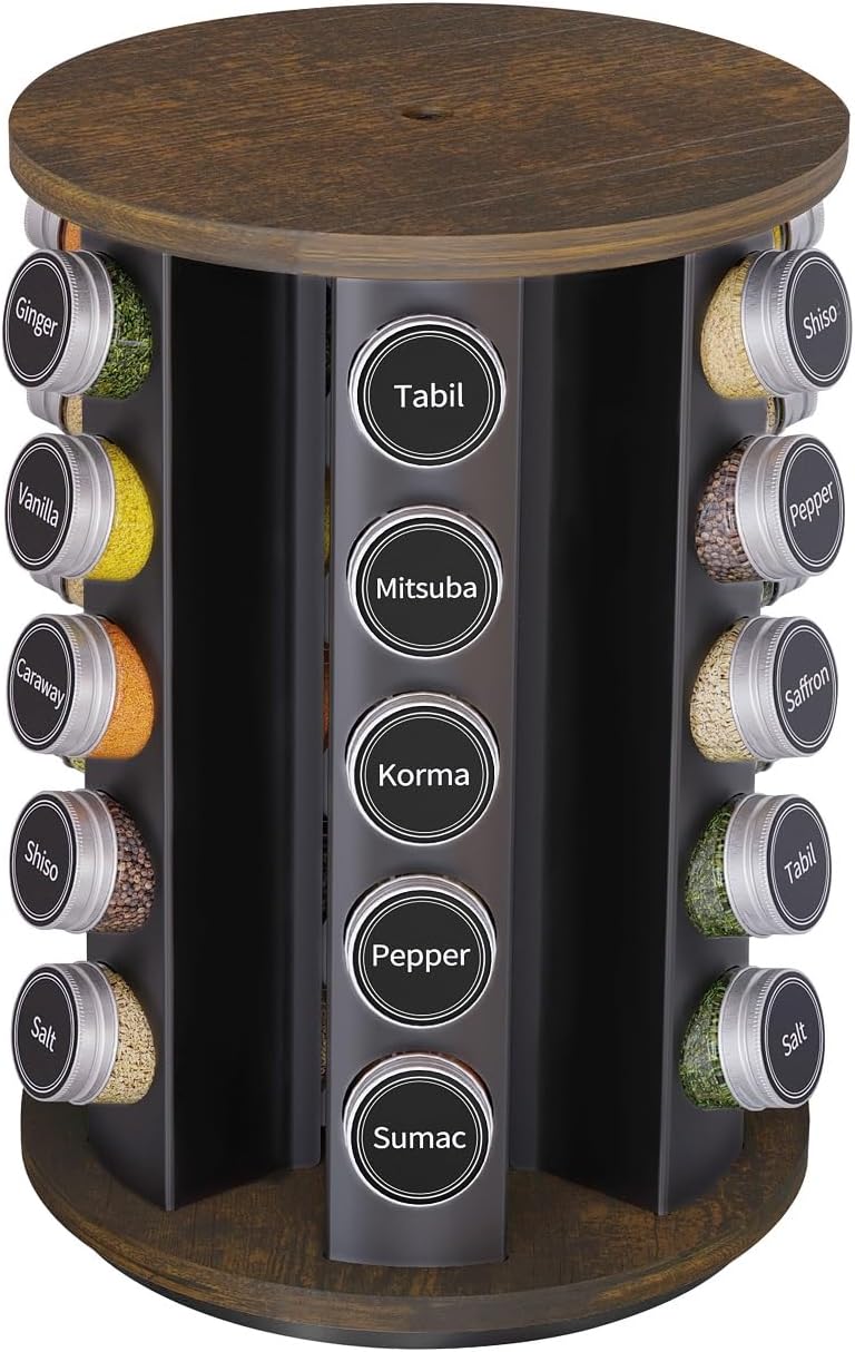 New England Stories Revolving Spice Rack Set with 30 Spice Jars, Kitchen Spice Tower Organizer for Countertop or Cabinet - Carousel Storage Includes 386 Spice Labels