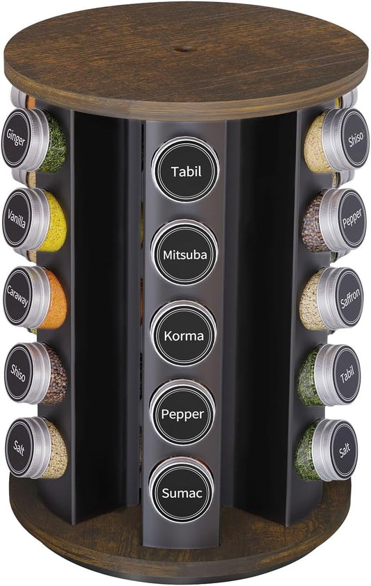 New England Stories Revolving Spice Rack Set with 30 Spice Jars, Kitchen Spice Tower Organizer for Countertop or Cabinet - Carousel Storage Includes 386 Spice Labels