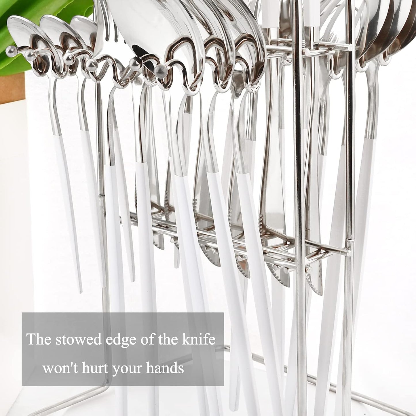 White Silver 24Pcs Flatware Set With Stand, Lightweight Dinnerware Set Stainless Steel Cutlery With White handles For Home Kitchen Wedding Party And Daily Use,Service For 6, Mirror Polish